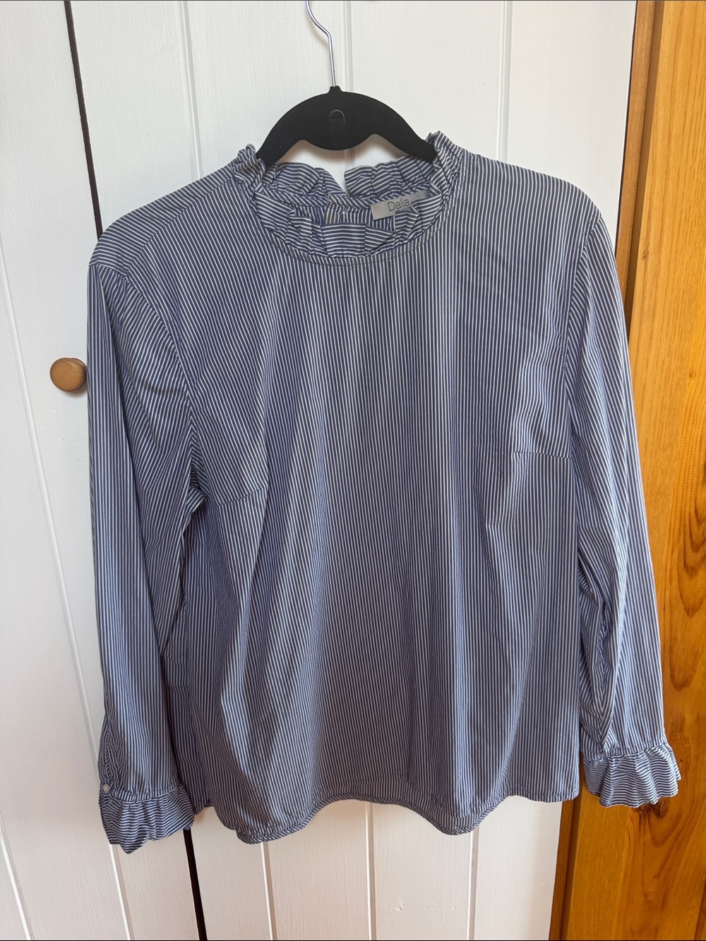 Dalia Navy & White Striped Ruffle Neck Blouse